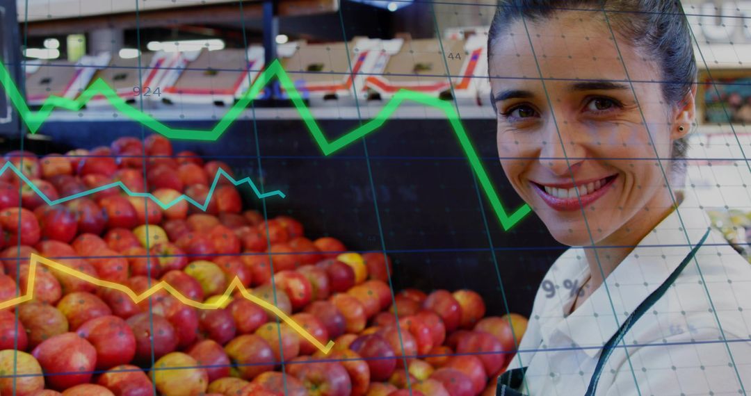 Grocery Store Clerk Arranging Apples with Sales Graph Overlay