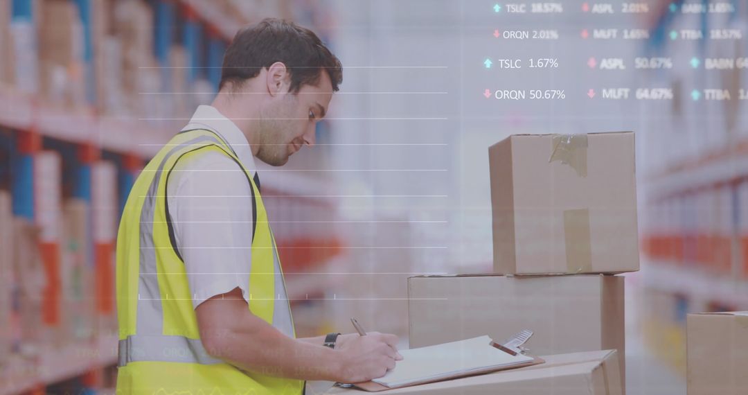 Warehouse Worker Analyzing Data with Overlay Technology