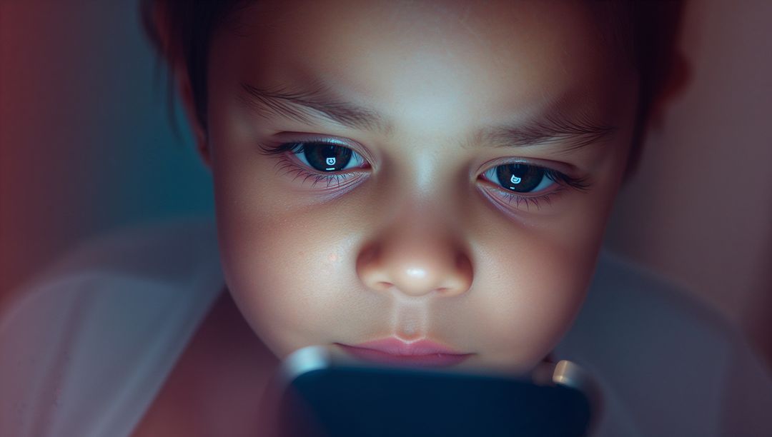 Child Gazing Intently at Smartphone Screen in Low Light