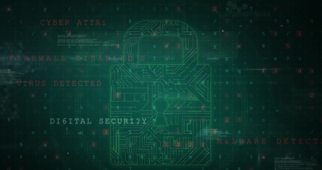 Cybersecurity Warning With Digital Padlock and Circuit Elements
