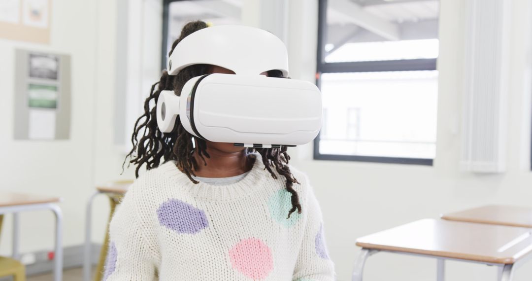 Child Engaging in Learning with Virtual Reality Headset in Classroom
