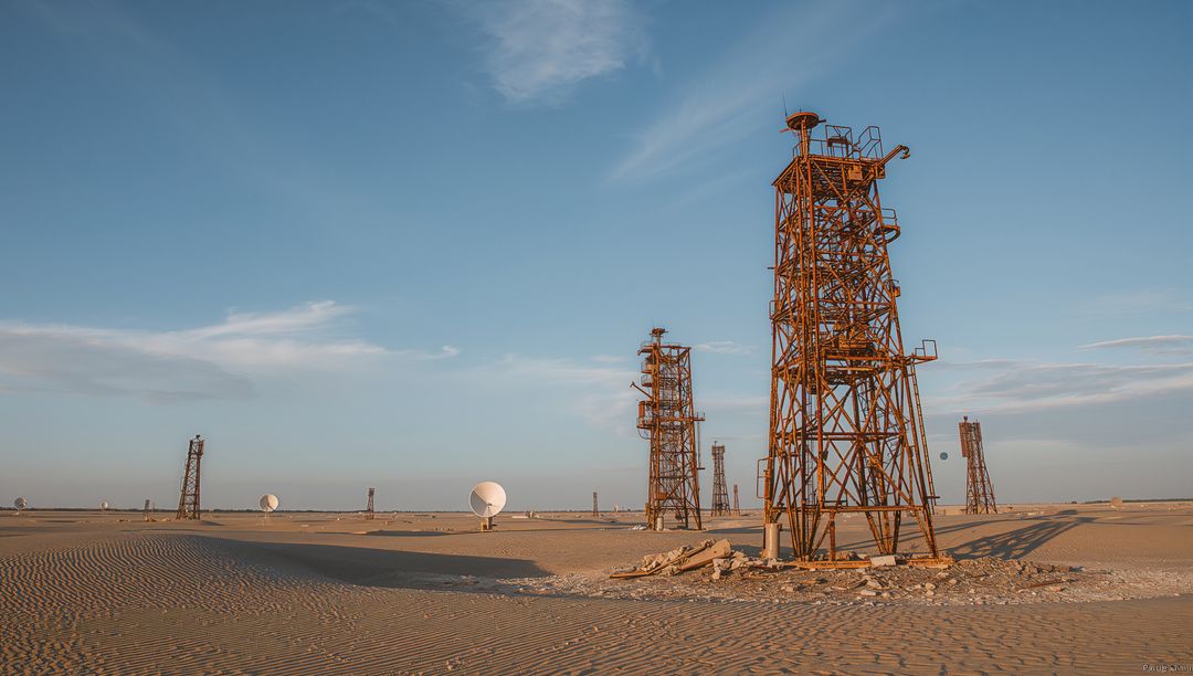 Rusty Towers in Vast Desert with Communication Equipment