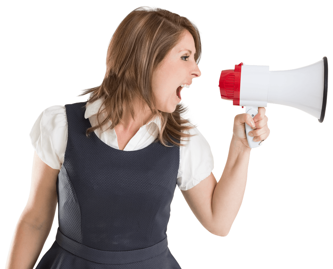 Caucasian Businesswoman Shouting through Megaphone on Transparent Background