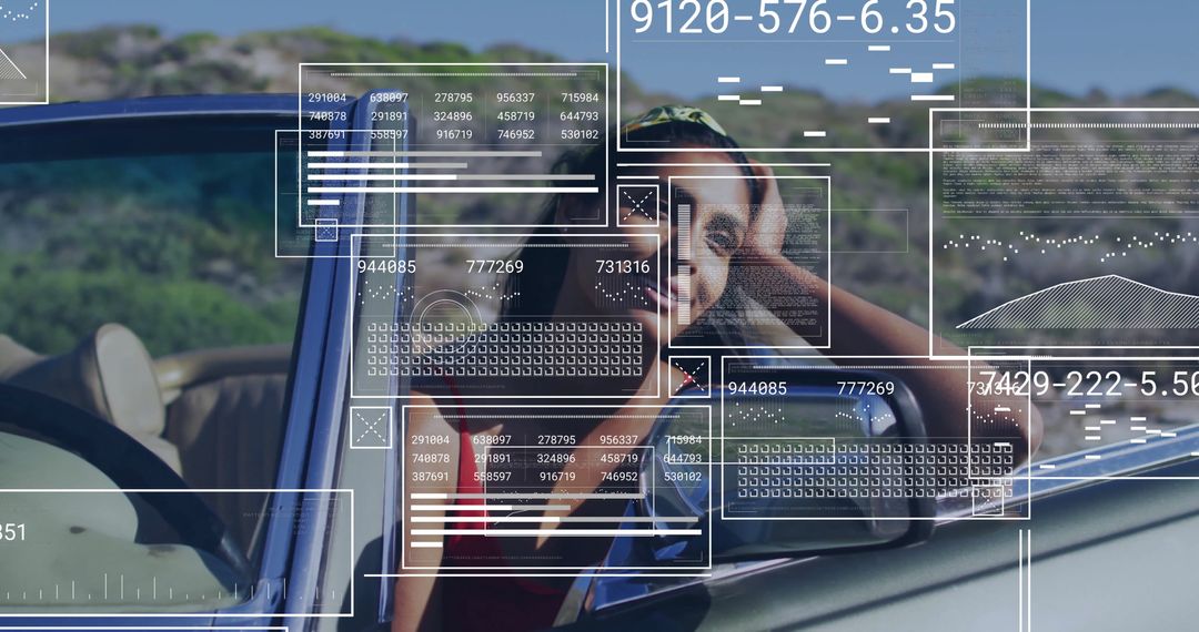 Woman in Red Top Enjoying Drive with Futuristic Data Overlay