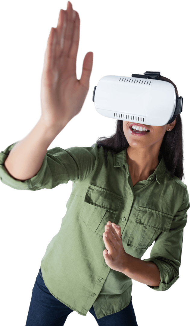 Energetic Woman Interacting with Virtual Reality Experience