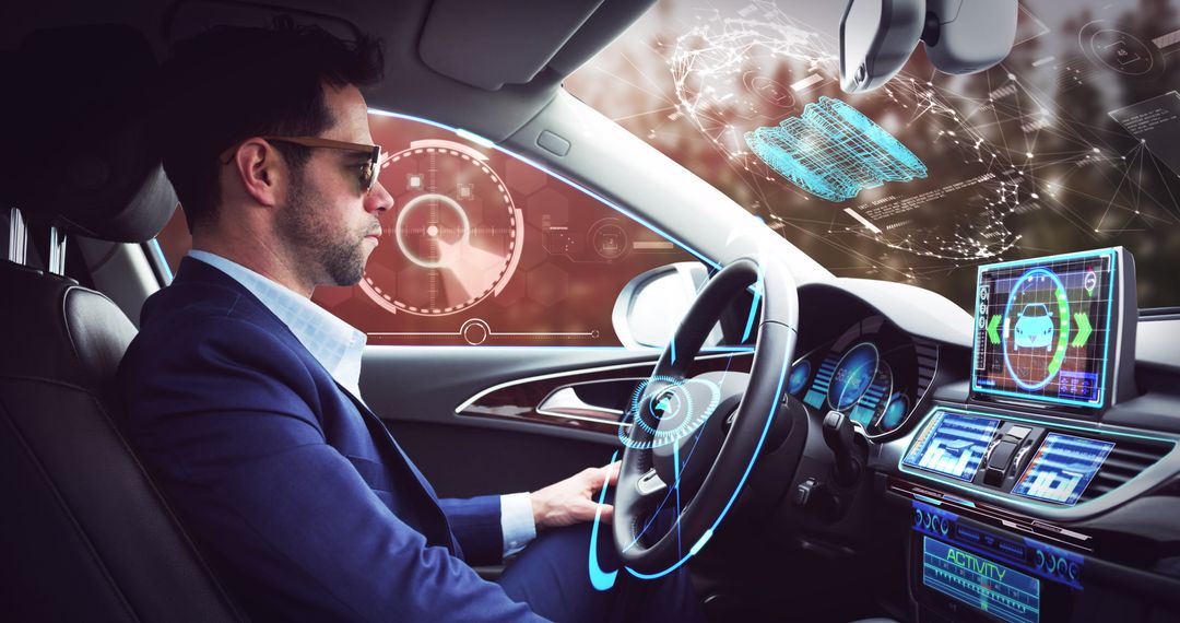 Businessman with Futuristic Interface in Self-Driving Car