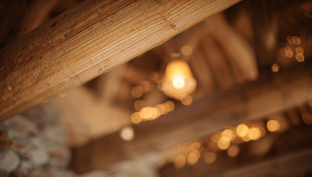 Rustic barn rafters with diagonal timber beam, filament bulb and warm bokeh lights