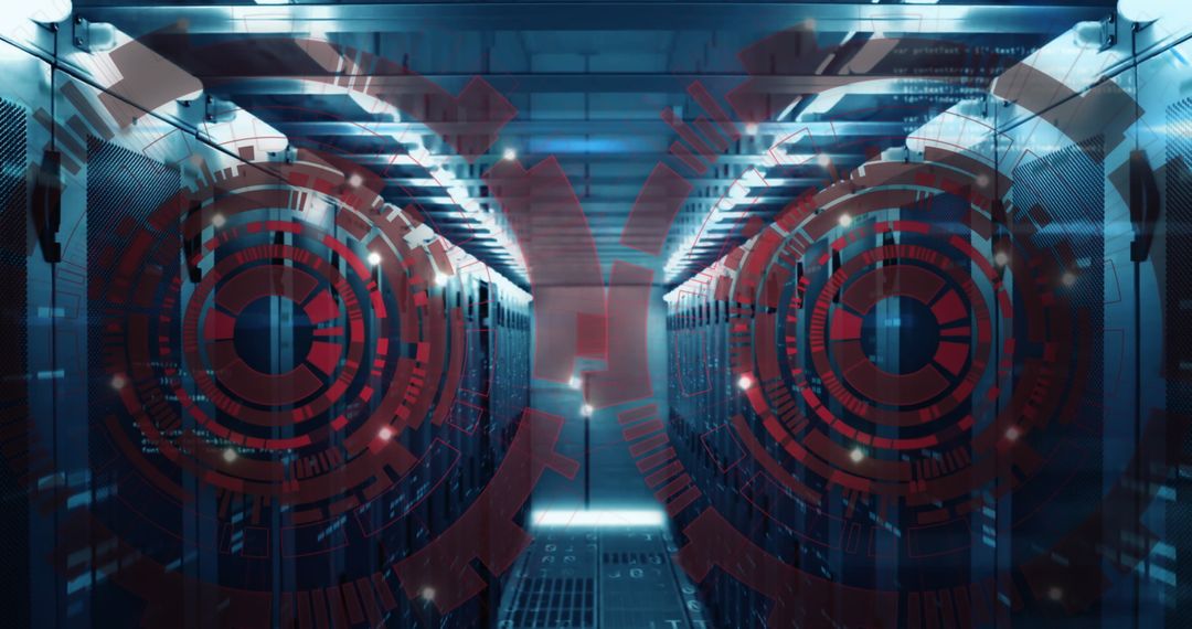 Futuristic Data Center with Advanced Digital Interface Overlay