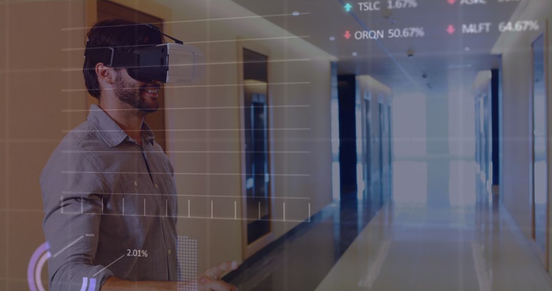 Caucasian Man Engaged with VR Headset and Digital Analytics Overlay