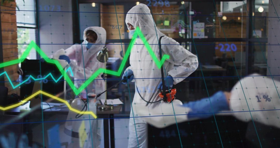 Disinfection Team Sanitizing Office with Data Overlay