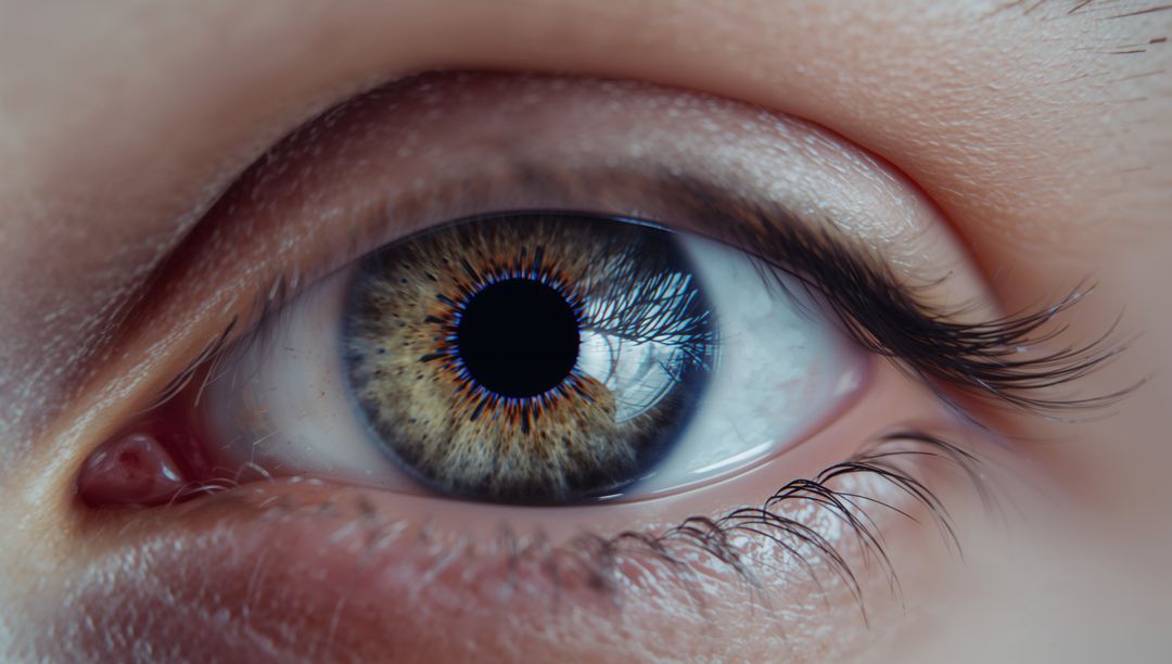 Macro close-up human eye revealing detailed colorful iris, pupil, rectangular catchlight