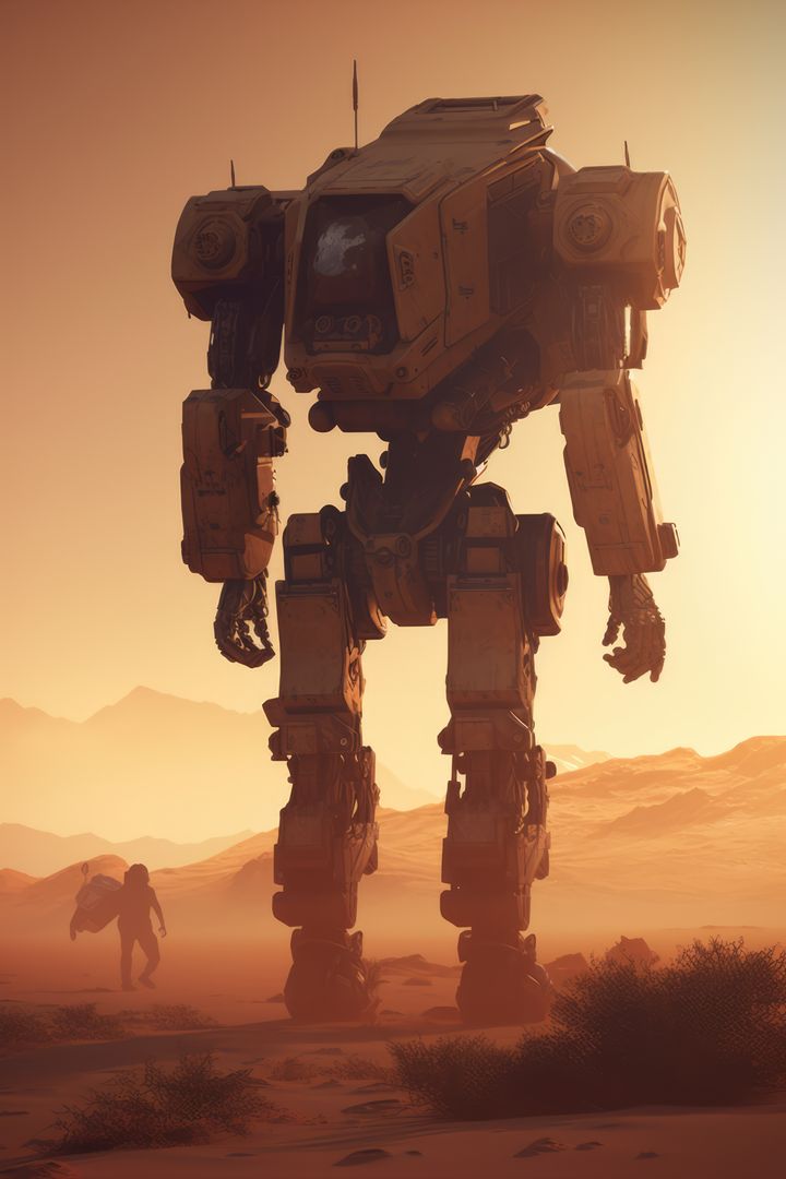 Mecha giant robot over desert, created using generative ai technology - Free Images, Stock Photos and Pictures on Pikwizard.com