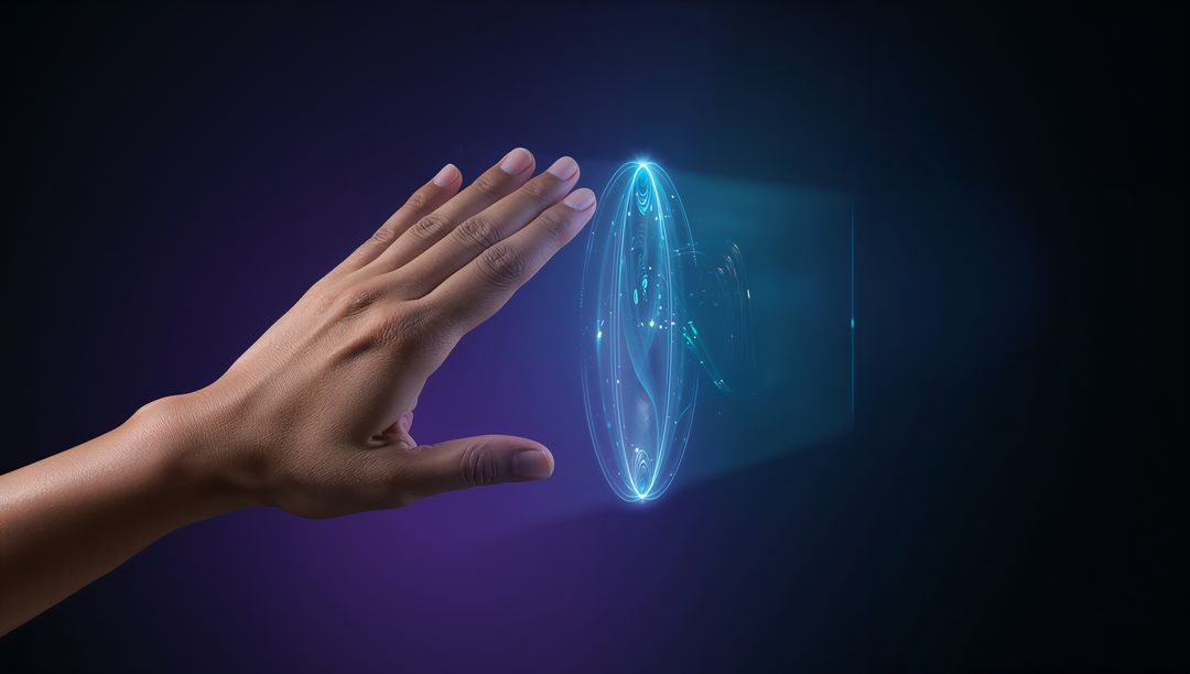 Hand Reaching Toward Holographic Portal Interface with Blue Energy Glow and Floating Particles