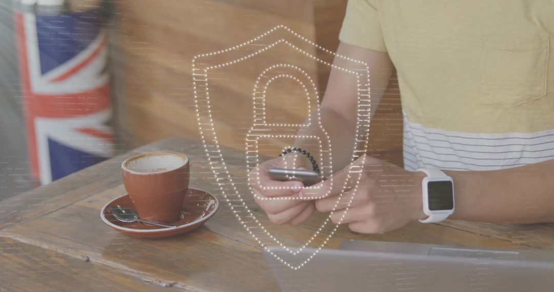 Man in Cafe with Smartphone Identified by Digital Security Icon