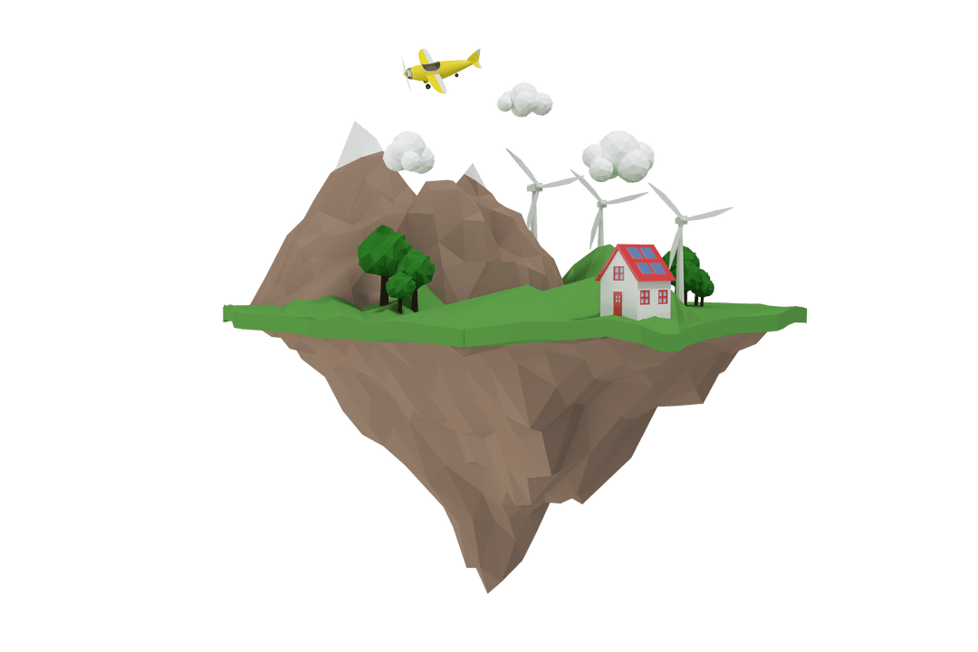 Floating Island with Airplane and House on Transparent Background