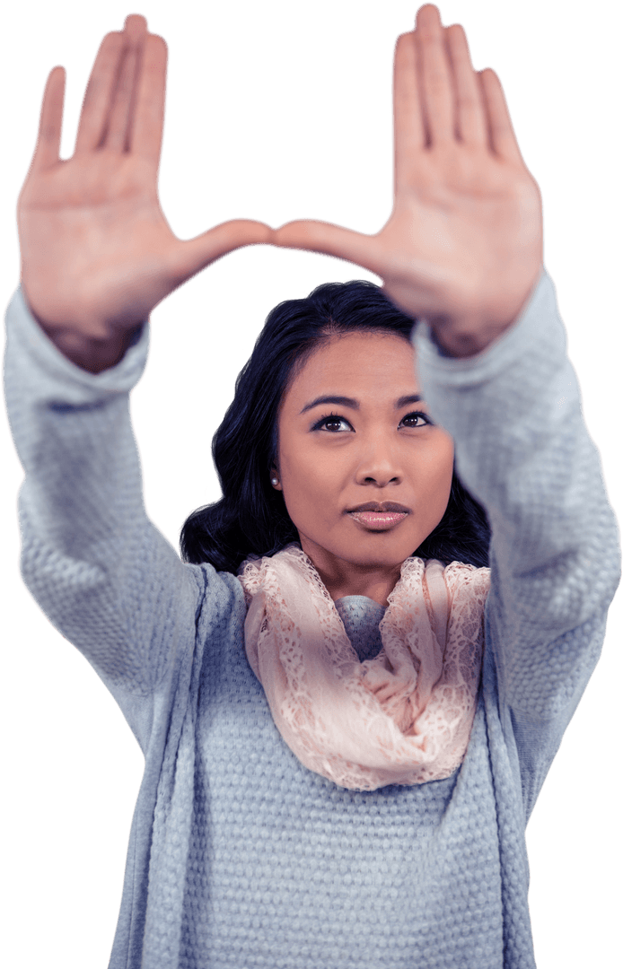 Transparent Display Viewing Gesture by Woman Against Wooden Backdrop