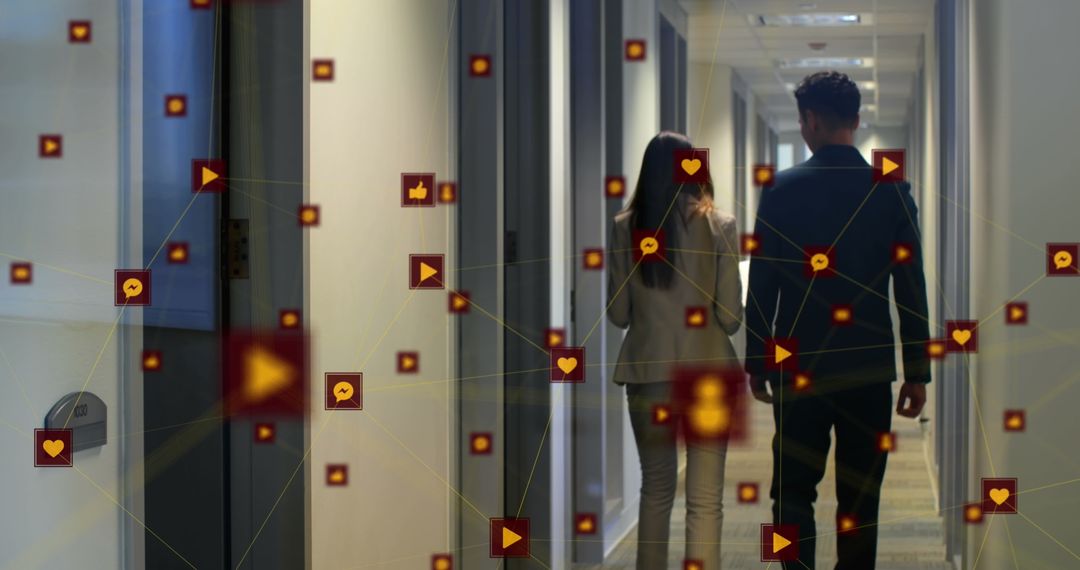 Dynamic Digital Network with Business Professionals in Office Hallway