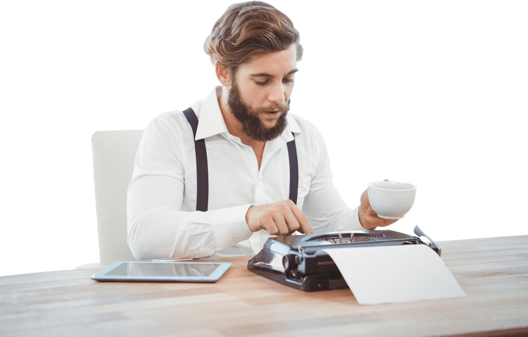 Transparent Hipster Typing and Holding Coffee Mug