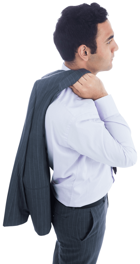 Transparent Biracial Businessman Holding Jacket Confidently
