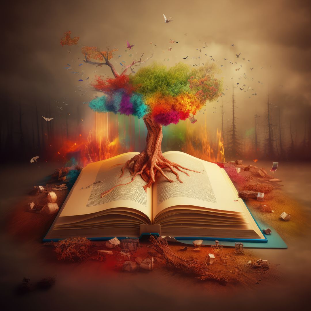Open book with colourful tree over dried forest, created using generative ai technology - Free Images, Stock Photos and Pictures on Pikwizard.com