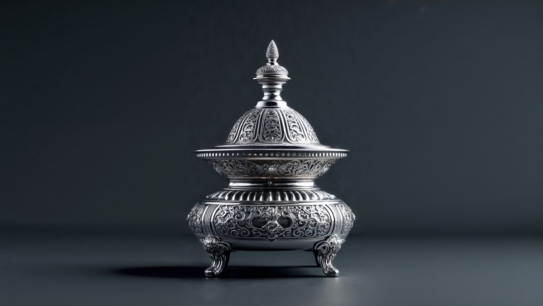 Ornate silver frankincense container with engraved patterns on dark tabletop