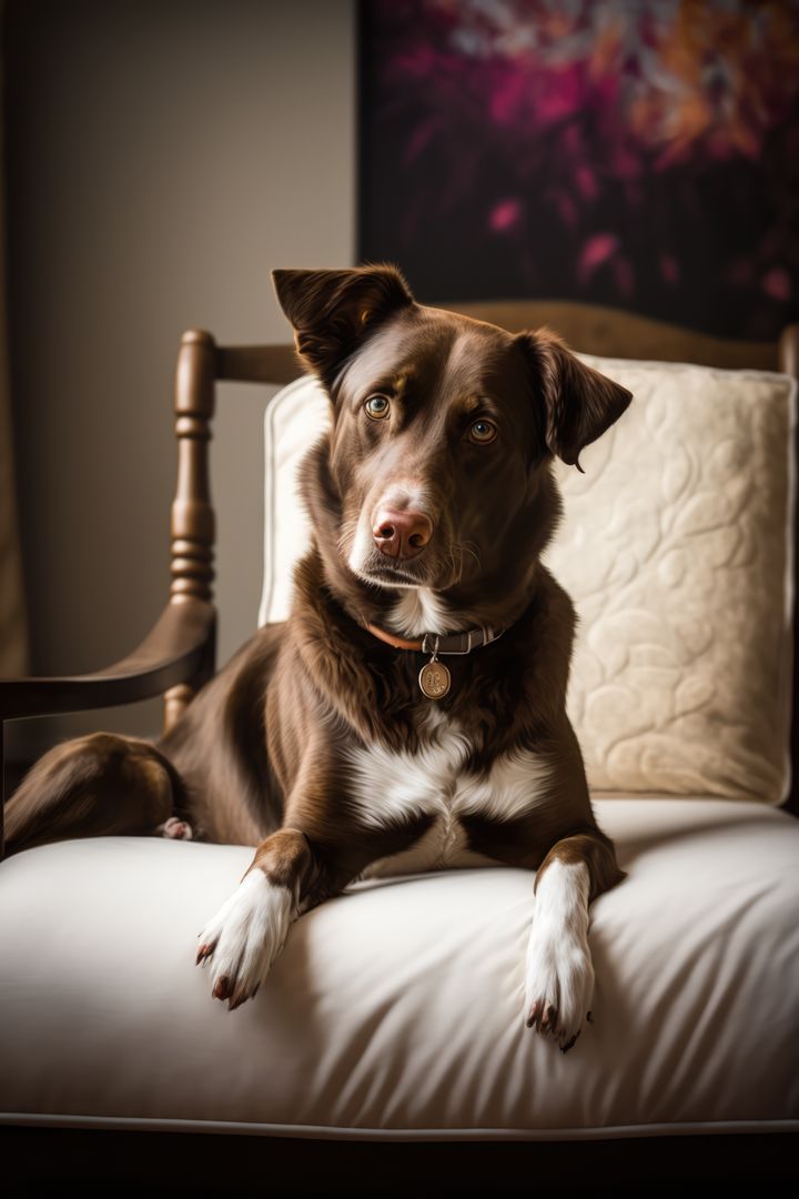 Portrait of cute white and brown dog on armchair, created using generative ai technology - Free Images, Stock Photos and Pictures on Pikwizard.com