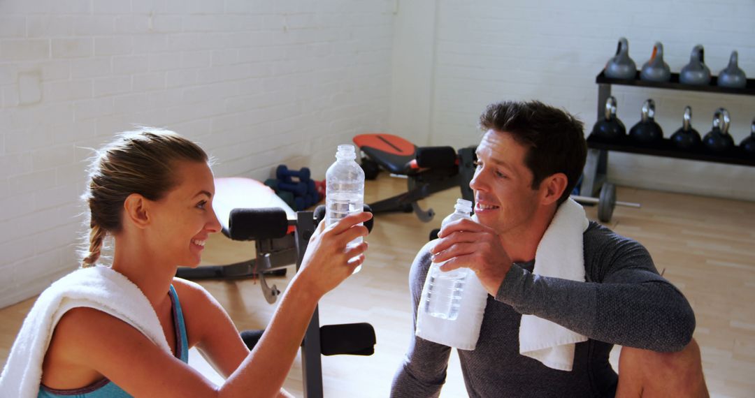 Two Friends Celebrating Workout with Water Bottles in Gym - Free Images, Stock Photos and Pictures on Pikwizard.com