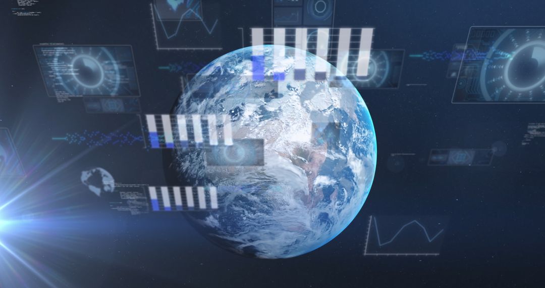 Digital Data Visualizations Around Earth on Blue Background