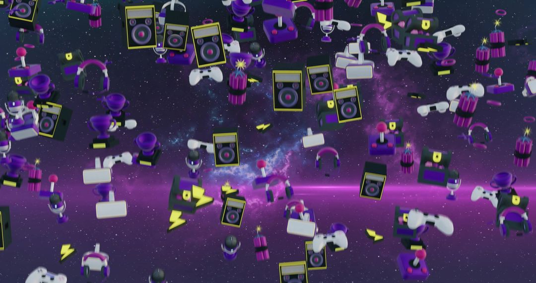 Retro Gaming and Music Icons Floating in Cosmic Space