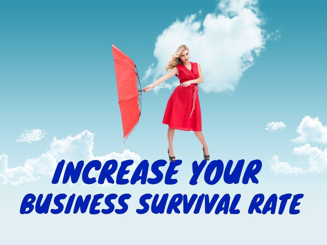 Woman with Red Umbrella Battling Wind in Cloudy Sky