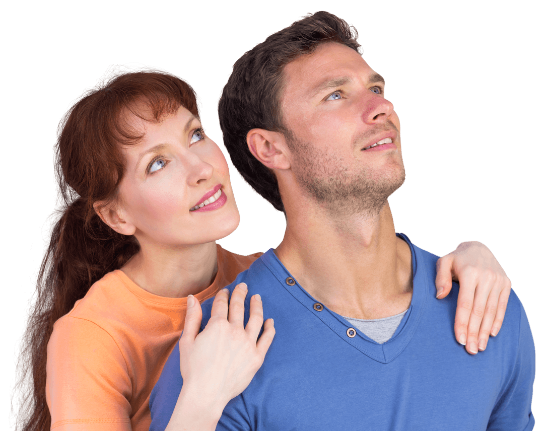Transparent Romantic Couple Looking Upwards with Hopeful Smiles
