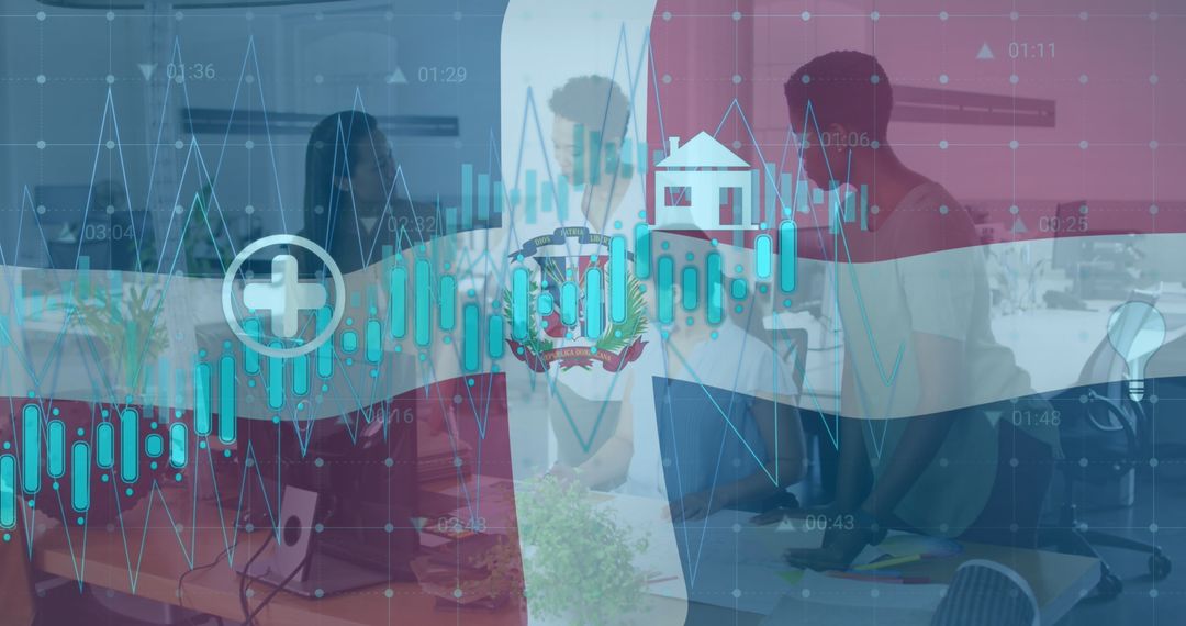 Digital Financial Data with Reflective Business Scene Over Flag Colors