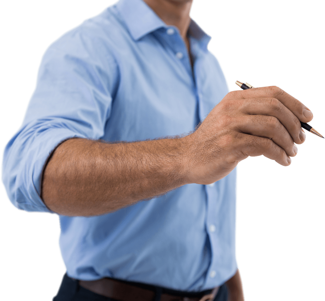 Mid-Section View of Executive Writing with Pen on Transparent Background