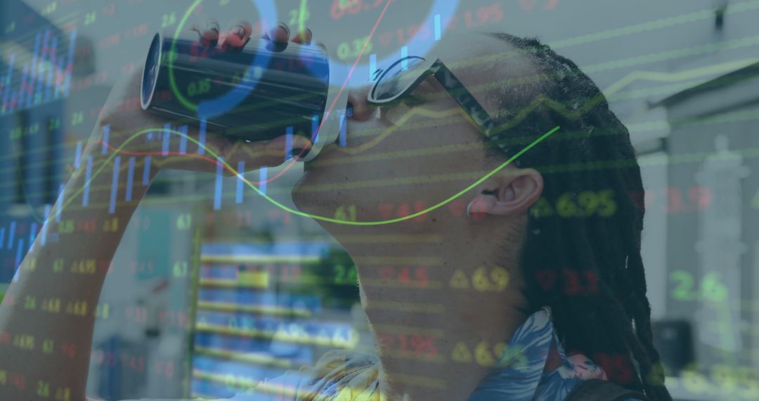 Business Professional Drinking from Tumbler with Stock Graph Overlay