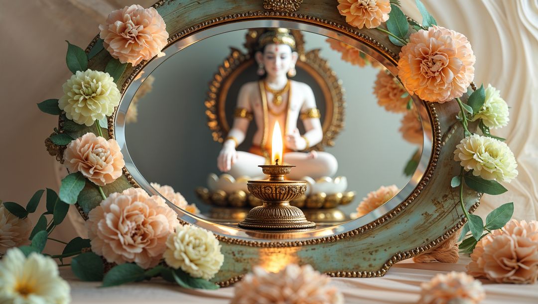 Peaceful altar with deity statue reflecting elegance and tranquility, vishu festival