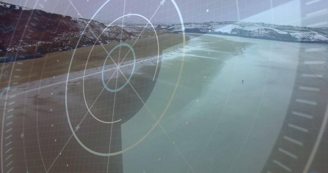 Glacial Lake View Through Futuristic Radar HUD Interface