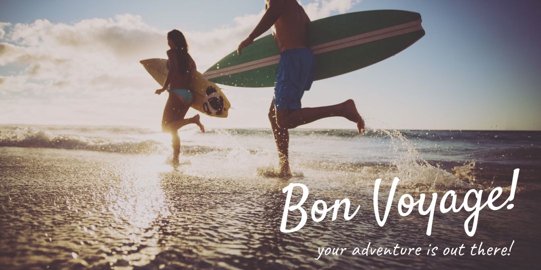 Joyful Couple with Surfboards Running Toward Sea Shore Sunset