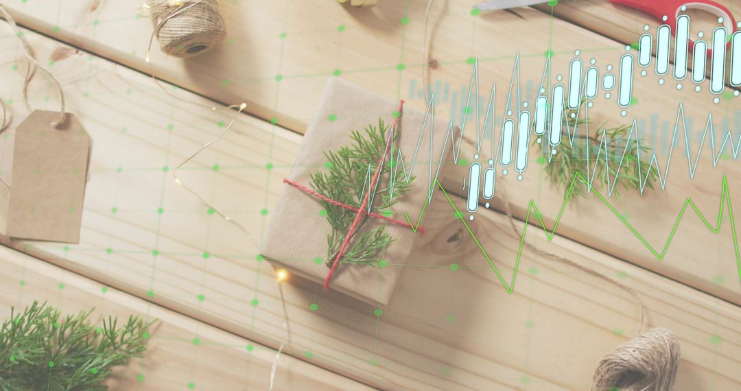 Rustic Kraft Gift Wrapped with Red Twine and Fir Sprig on Wood Tabletop with Data Overlay