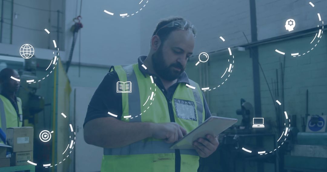 Warehouse Worker Using Tablet with Digital Interface Icons Overlaid