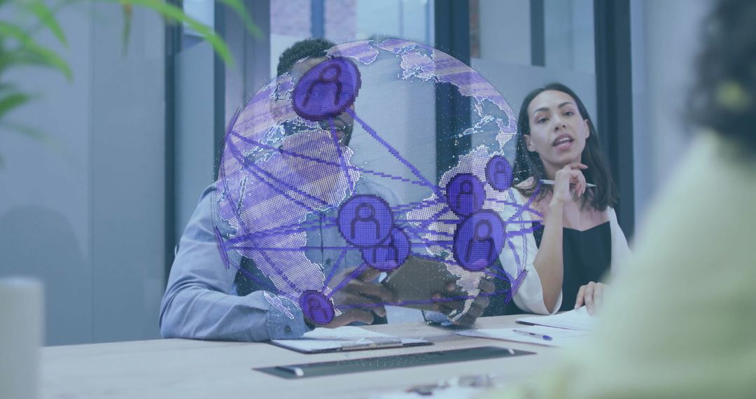 Business Team Collaborating with Holographic Global Network Concept
