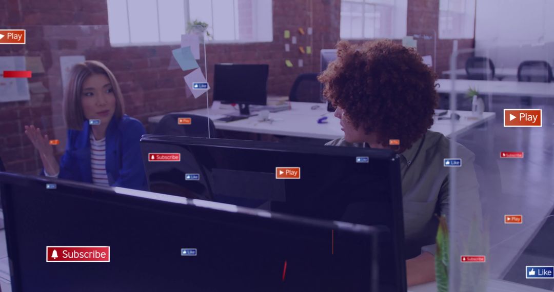 Social Media Icons Overlay in Office Discussion Moment