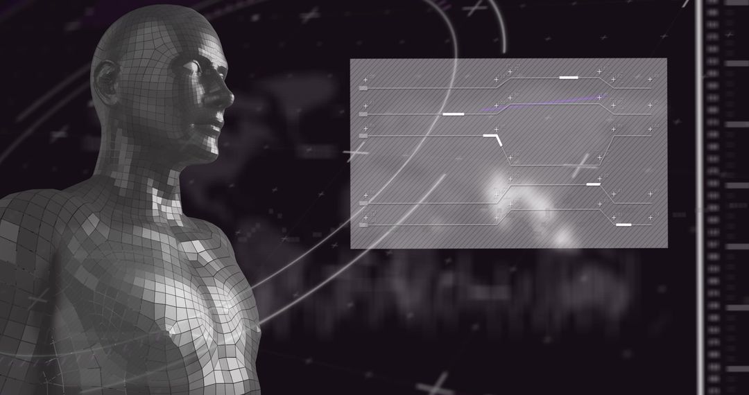 Digital Interface Overlaying Human Figurine in Data Process