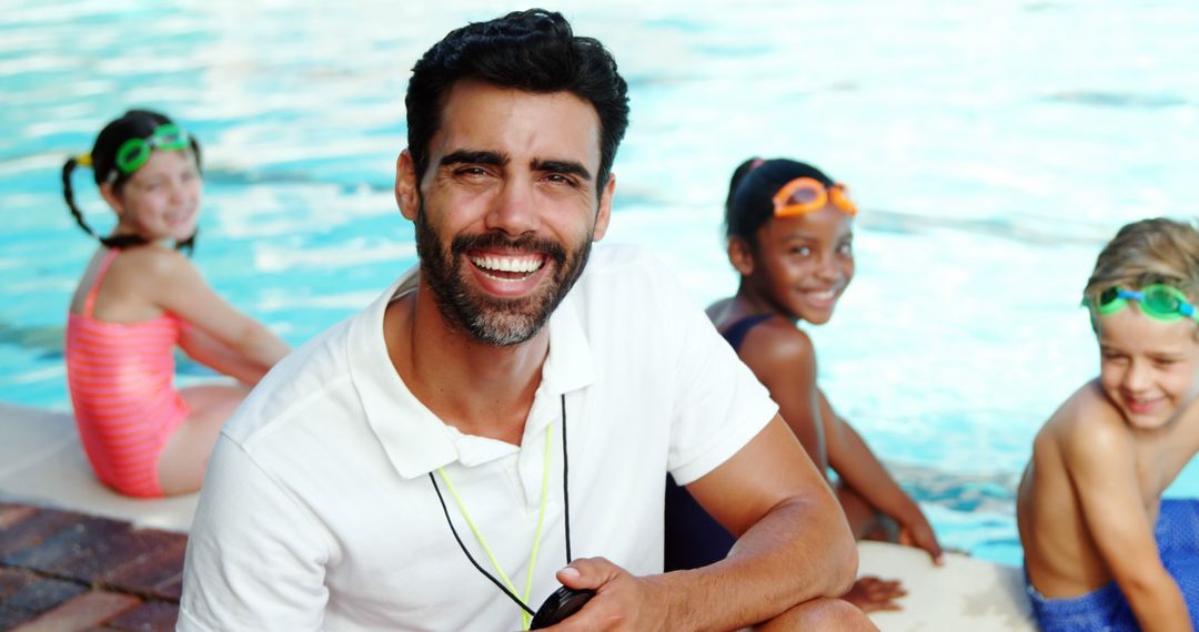 Cheerful Swimming Instructor with Children by Pool - Free Images, Stock Photos and Pictures on Pikwizard.com