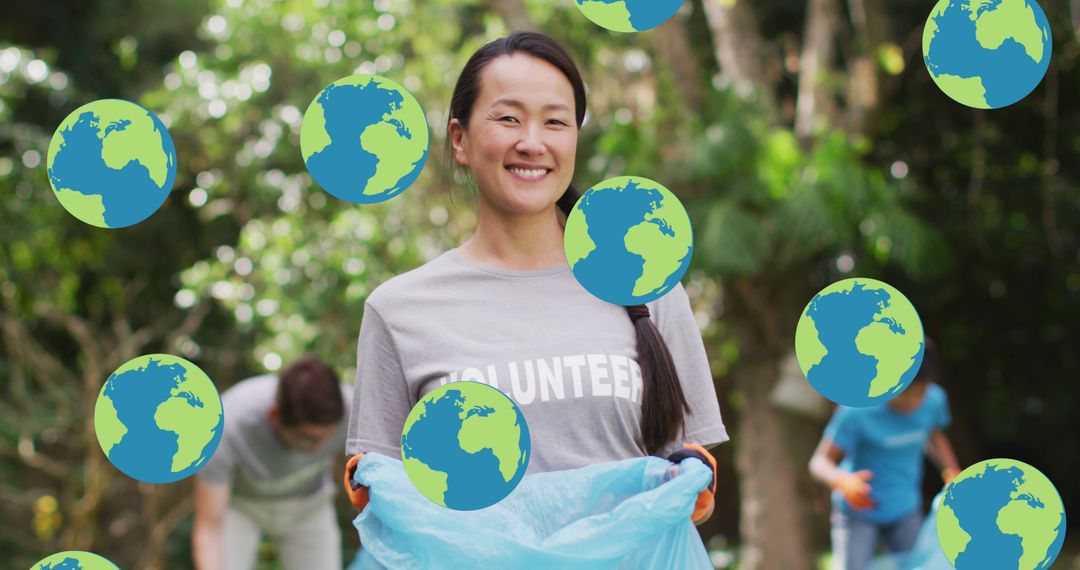 Smiling Volunteer Collecting Trash in Park with Earth Icons - Free Images, Stock Photos and Pictures on Pikwizard.com