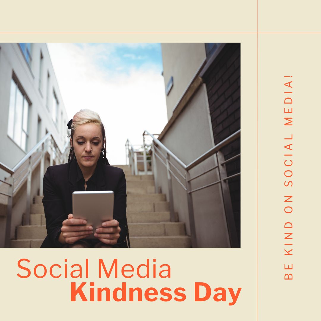 Caucasian Young Woman Using Digital Tablet on Social Media Kindness Day - Download Free Stock Templates Pikwizard.com