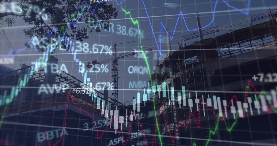 Financial Data and Graphs Overlaying Urban Cityscape
