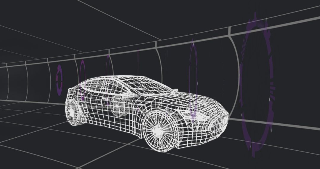 3D Wireframe Sedan in Futuristic Tunnel with Glowing Elements