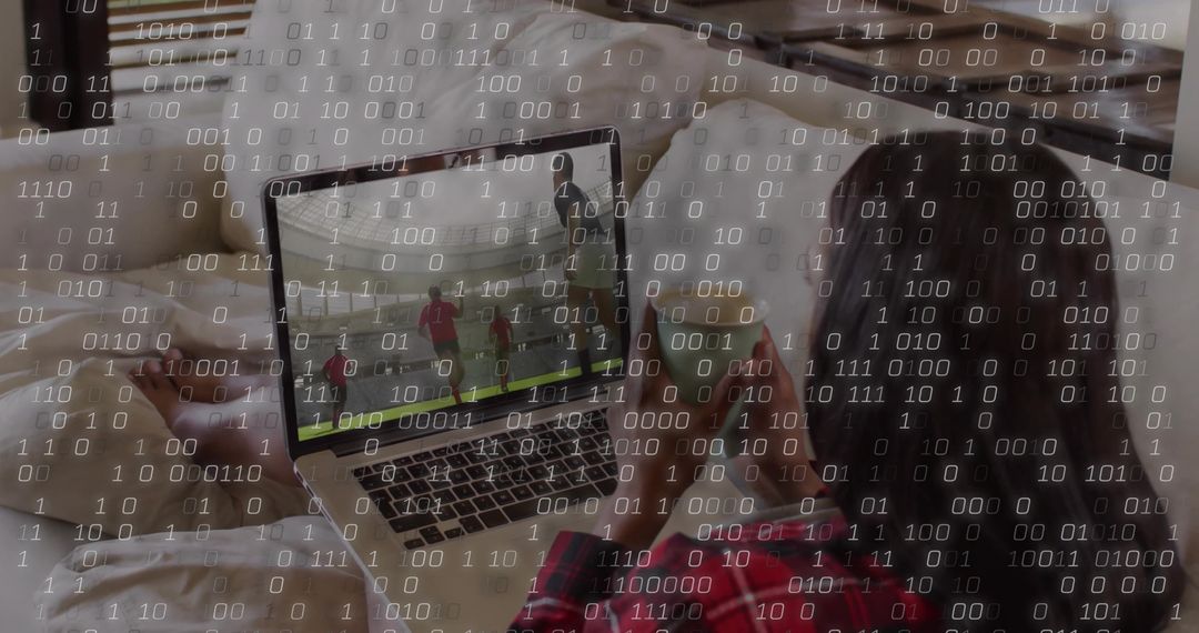 Digital Soccer Streaming with Futuristic Binary Code Overlay