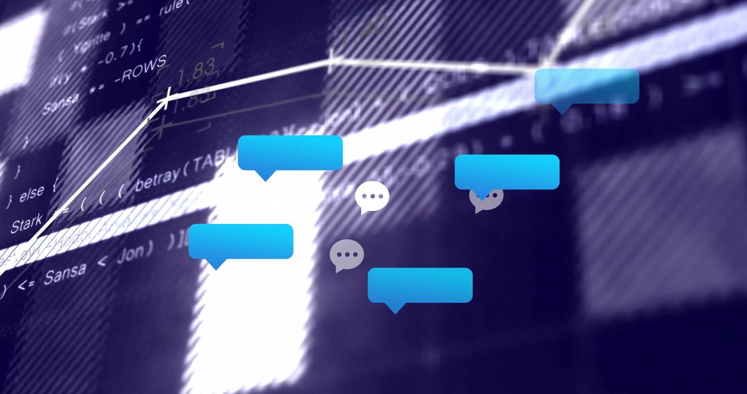 Blue Chat Icons Floating Over Data Dashboard with Analytics Graphs