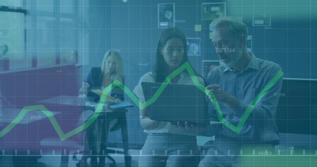 Team Collaborating in Modern Office with Digital Line Chart Overlay